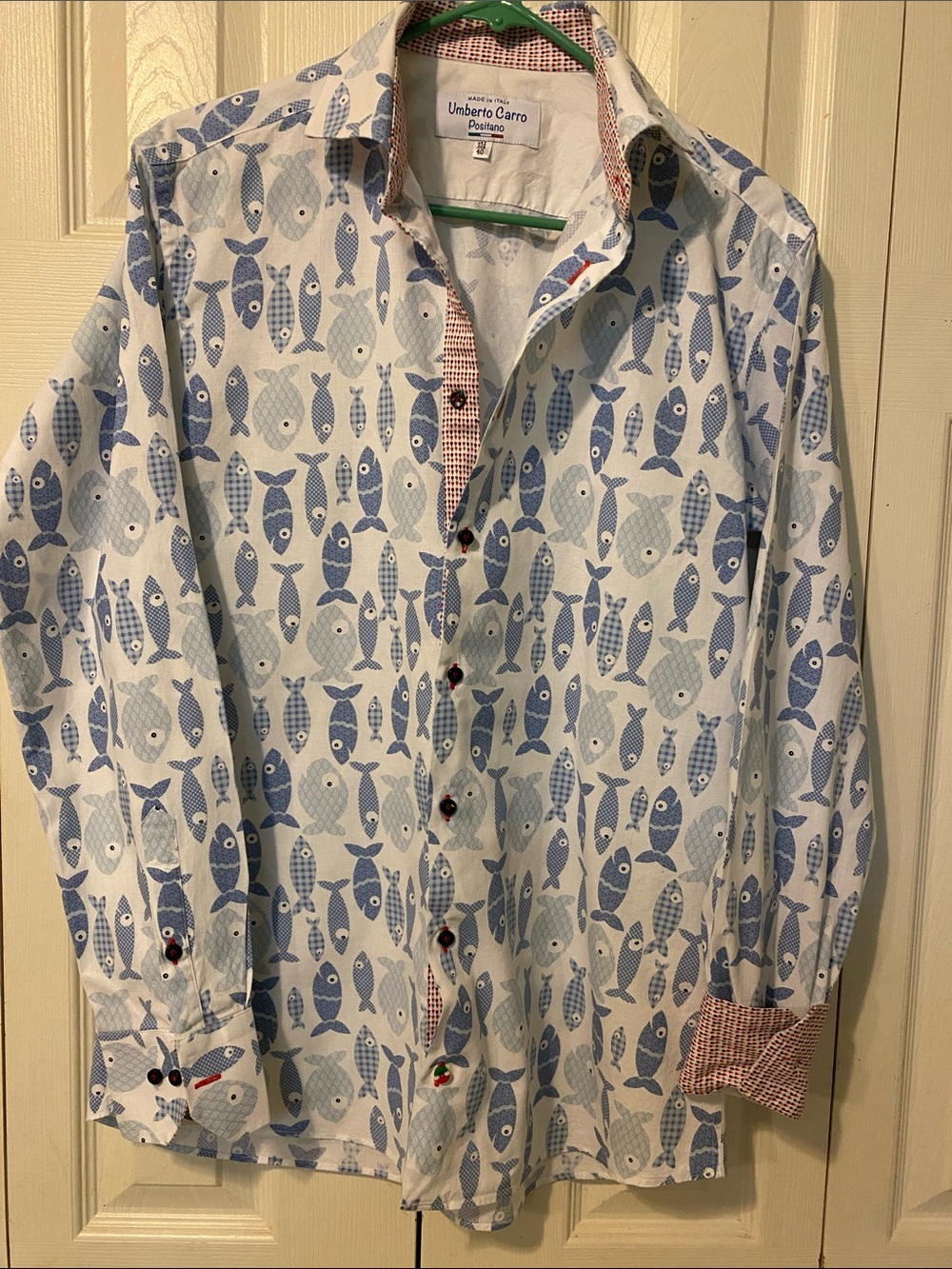 Fun Summer Blue Fish Print Casual Button-Down 100% Cotton Shirt- Medium